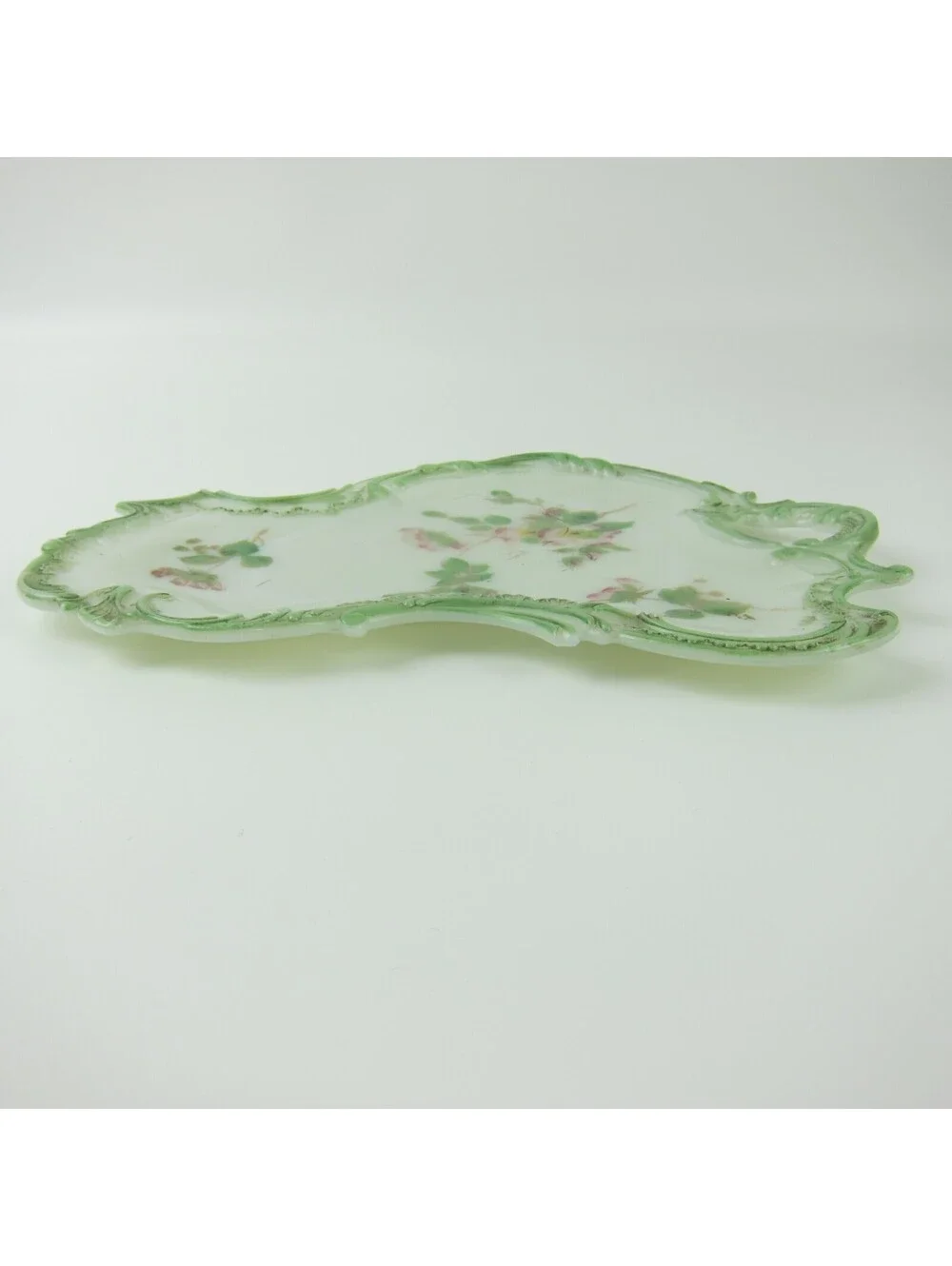 Vintage Milk Glass Vanity Tray / Candy Dish Green & Pink Flowers Open Handle